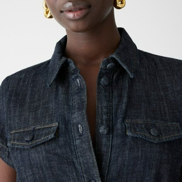 J. Crew Short sleeve tie waist button up Denim Dress Belted Midi Size 8 Dark - Picture 2 of 12